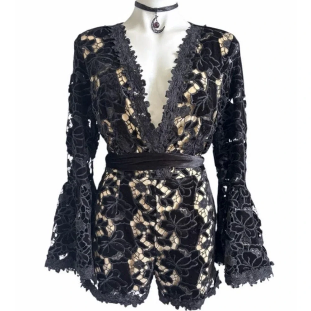 Whimsigoth Black Lace Velvet Super Bell Sleeve Romper Vampire Dark Romantic - Picture 2 of 7